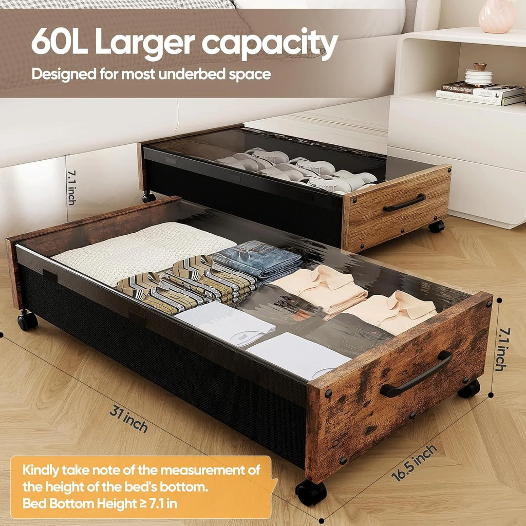 Black Wood 2 Pack Under Bed Storage with Wheels and Removable Lid D105304