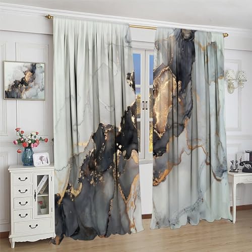 Navy Blue Gold Geometric Marble Curtains, 42x45 Inches Set 2 Panels A6204
