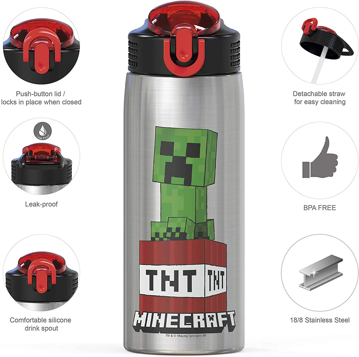 27oz Minecraft Stainless Steel Water Bottle with Flip-up Straw Spout and Locking Spout Cover G724023