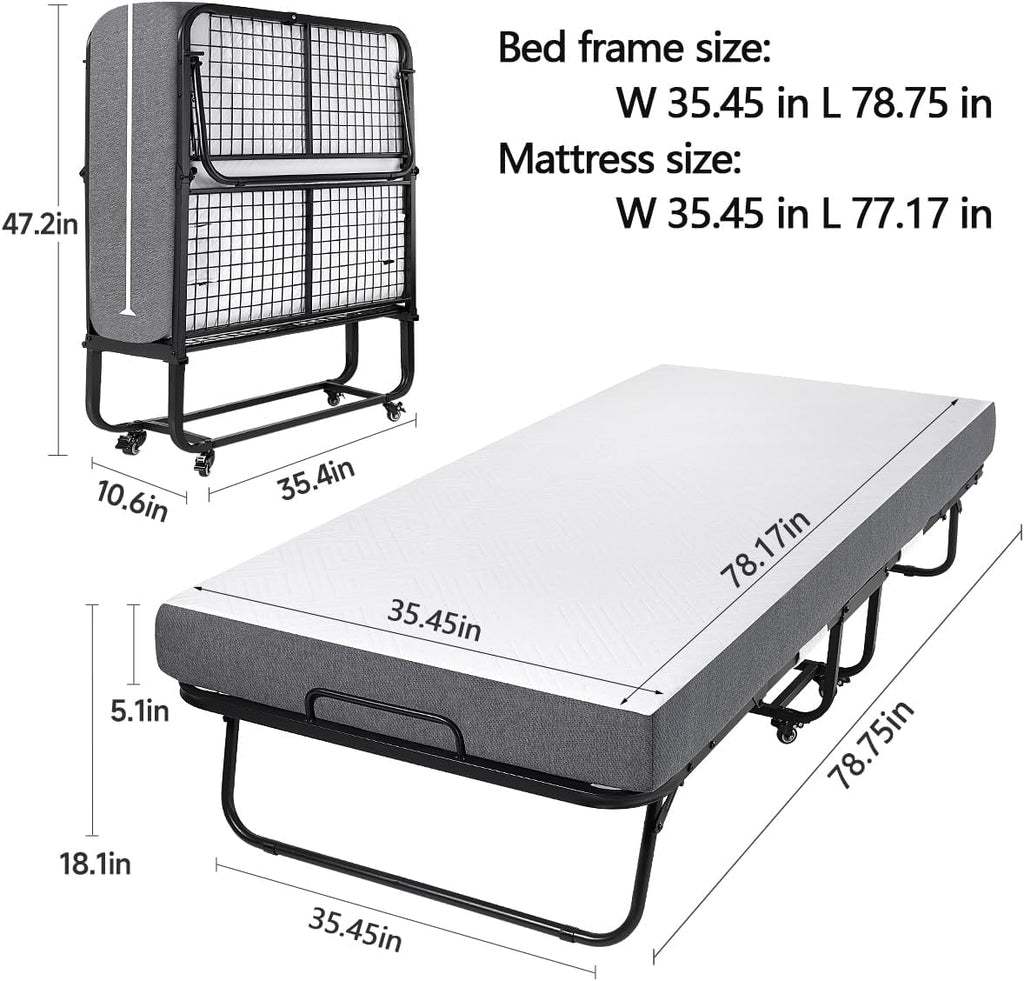 Folding Bed with 5.2" Thick Memory Foam Mattress, 79 * 35inch, Metal Folding Frame R997