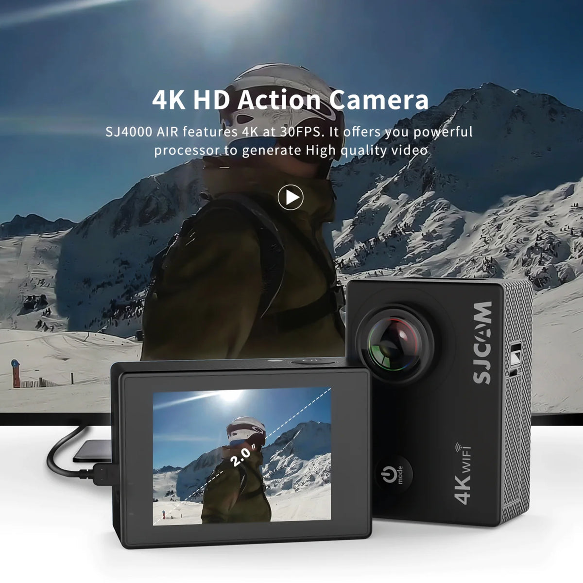 4K Sports Camera with 2-inch IPS Screen, 16MP, 170° Wide Angle, Waterproof Case Y781287