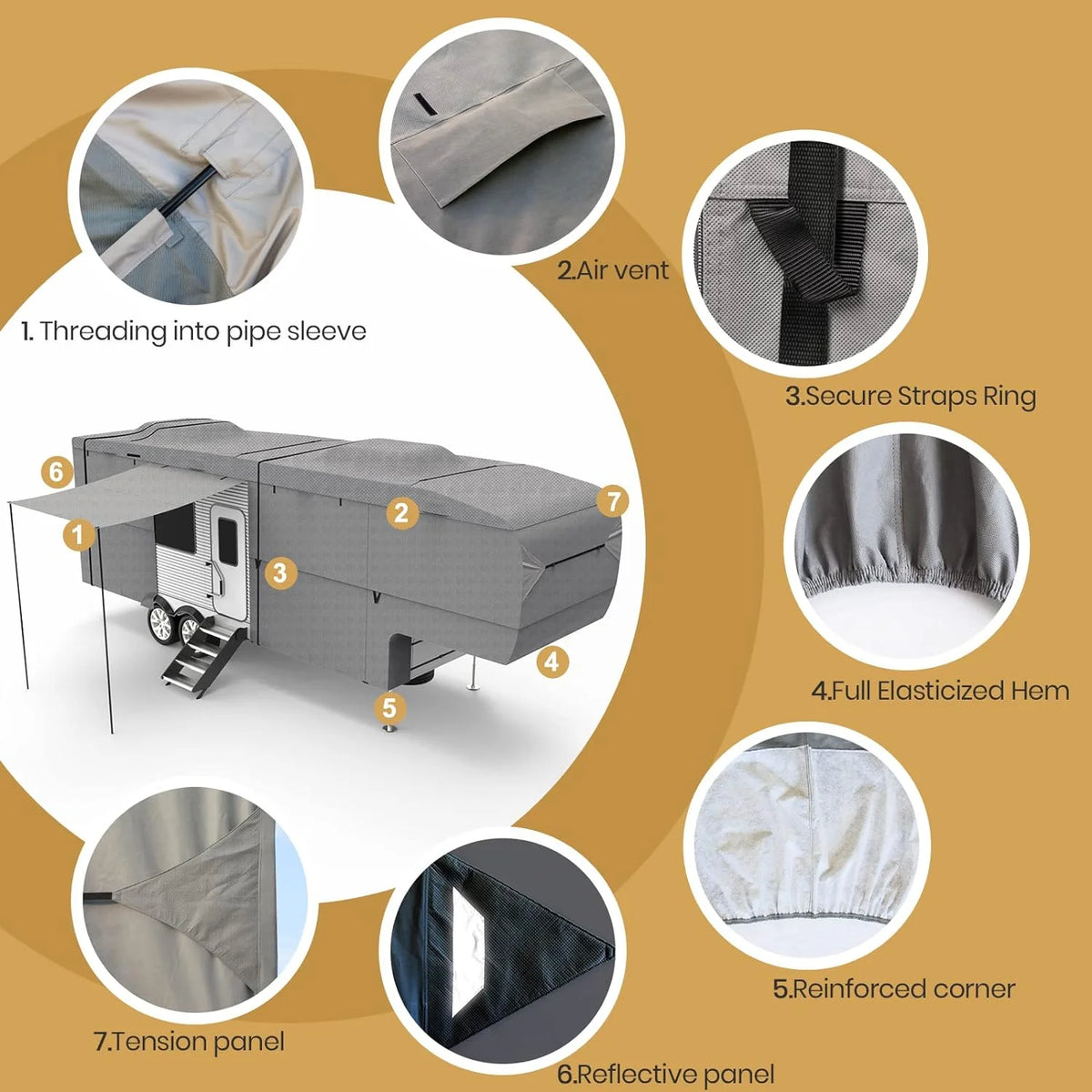 5th Wheel RV Cover with 2Pcs Extra Long-Straps Fits 37'-41' P768