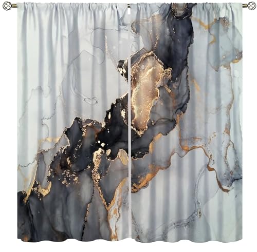 Navy Blue Gold Geometric Marble Curtains, 42x45 Inches Set 2 Panels A6204