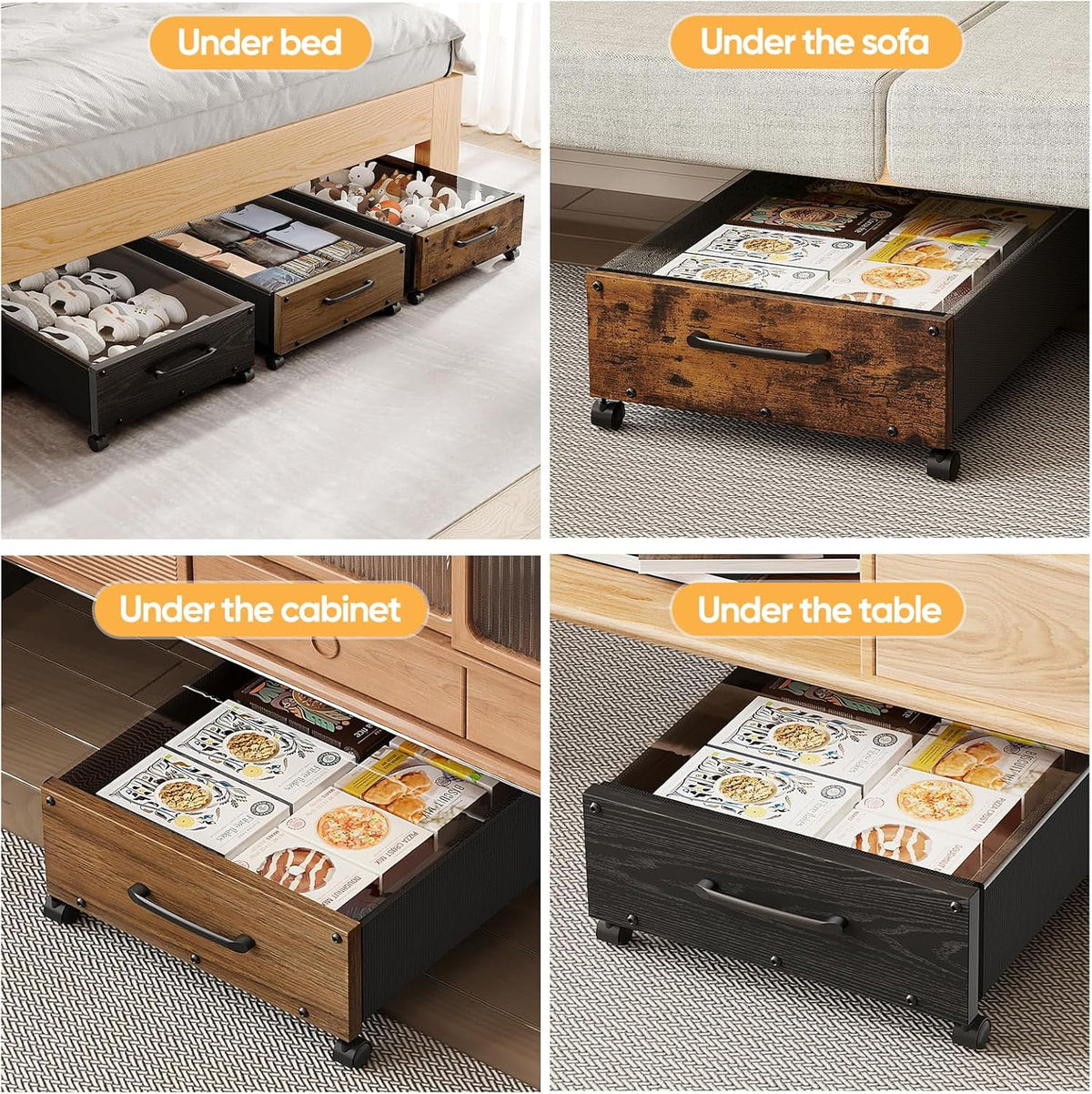 Black Wood 2 Pack Under Bed Storage with Wheels and Removable Lid D105304