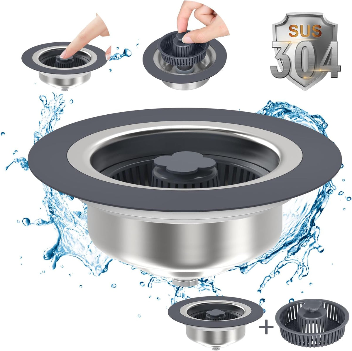 3 in 1 304 Stainless Steel Kitchen Sink Drain Strainer and Stopper Combo with 2 Filter Baskets Z542