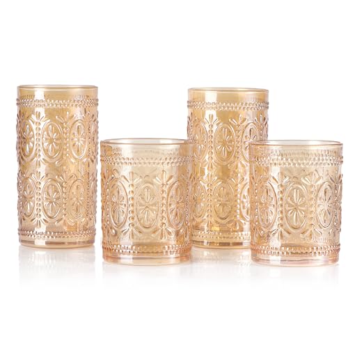 Pink Glassware Set of 4 Highball Embossed Beverage Glasses V2464