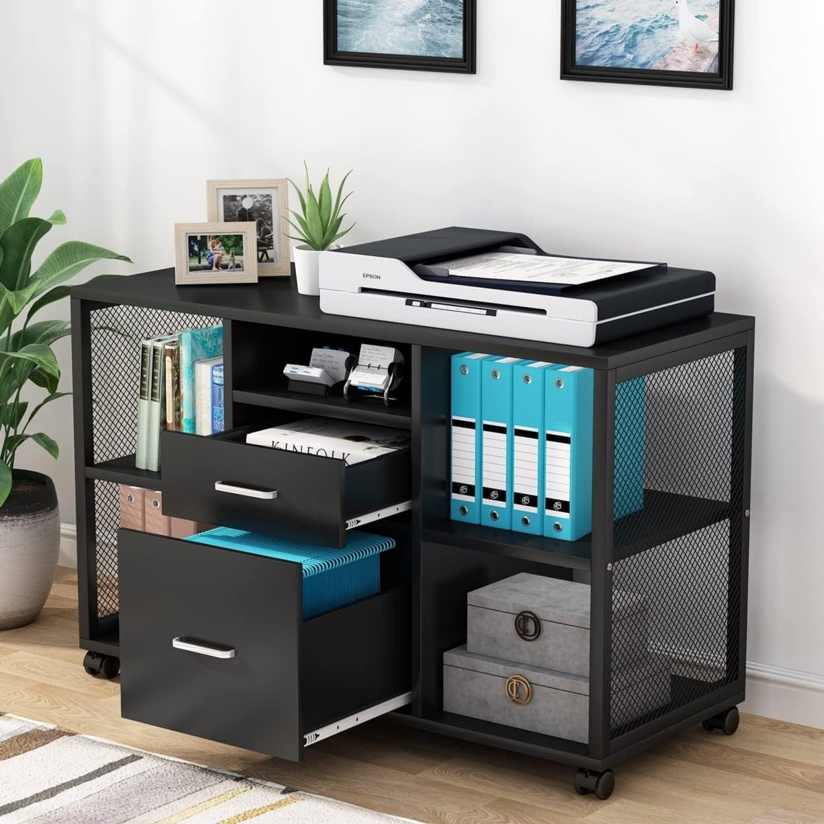 2 Drawer Wood File Cabinet with Open Storage Shelves G912772