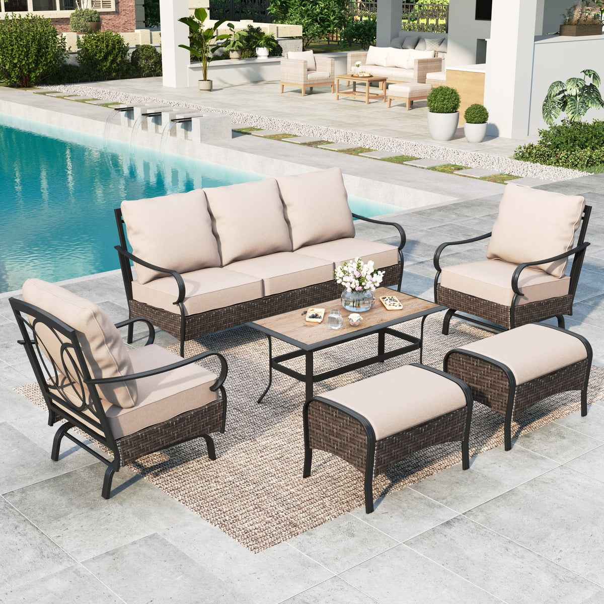 7-Seat Patio Conversation Set with 3-Seat Sofa, Rocking Chairs, Ottomans & Table, Black & Beige D81731