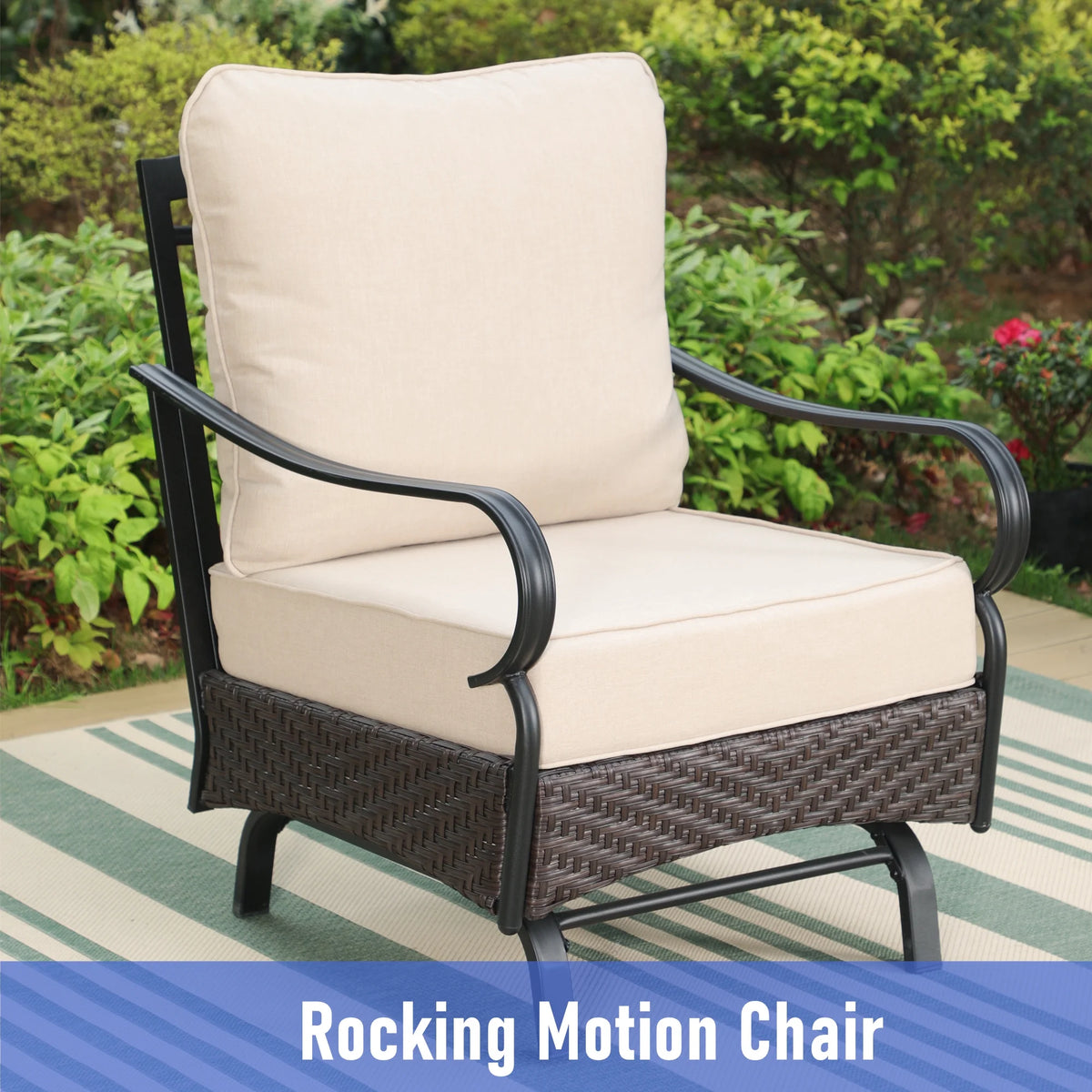 7-Seat Patio Conversation Set with 3-Seat Sofa, Rocking Chairs, Ottomans & Table, Black & Beige D81731