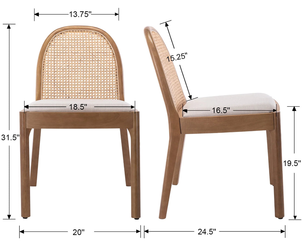 Beige Linen Upholstered Dining Chair Set of 2 with Rattan Back K4995