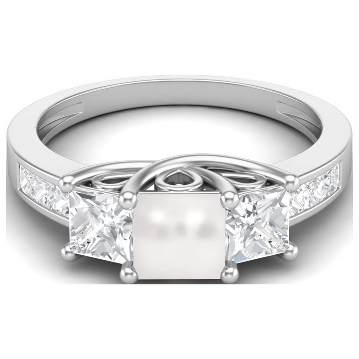 2.62 Cts Square Cut Halo Three Stone Pearl Gemstone 925 Sterling Silver Ring D338930