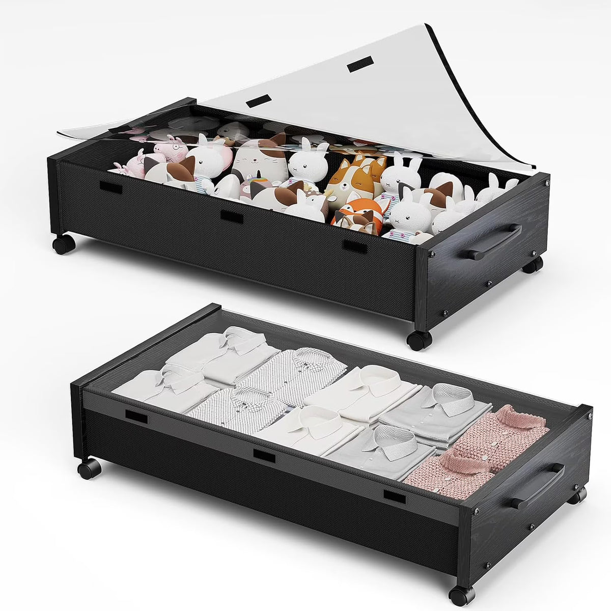 Black Wood 2 Pack Under Bed Storage with Wheels and Removable Lid D105304