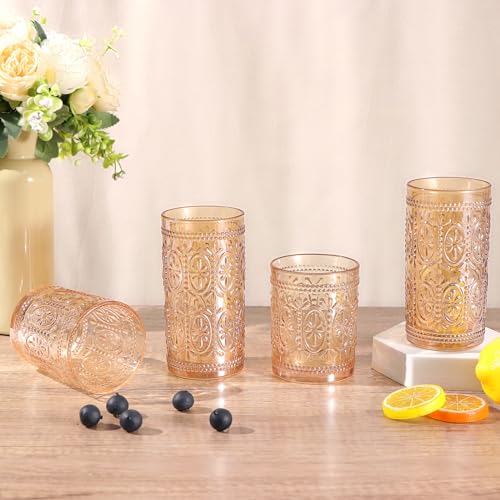 Pink Glassware Set of 4 Highball Embossed Beverage Glasses V2464