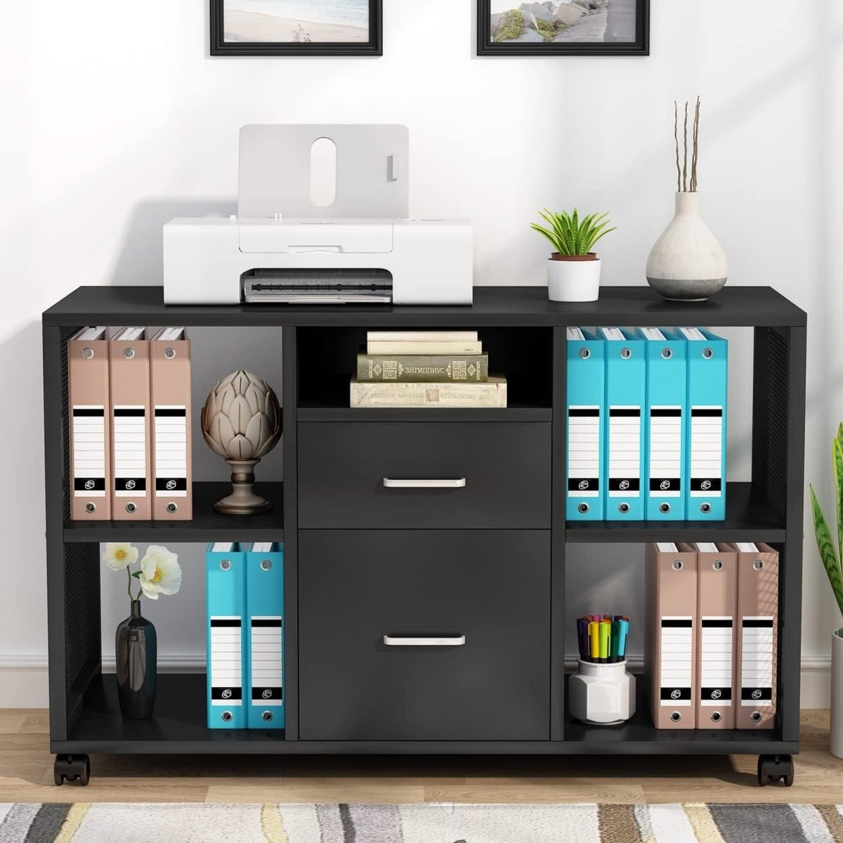 2 Drawer Wood File Cabinet with Open Storage Shelves G912772