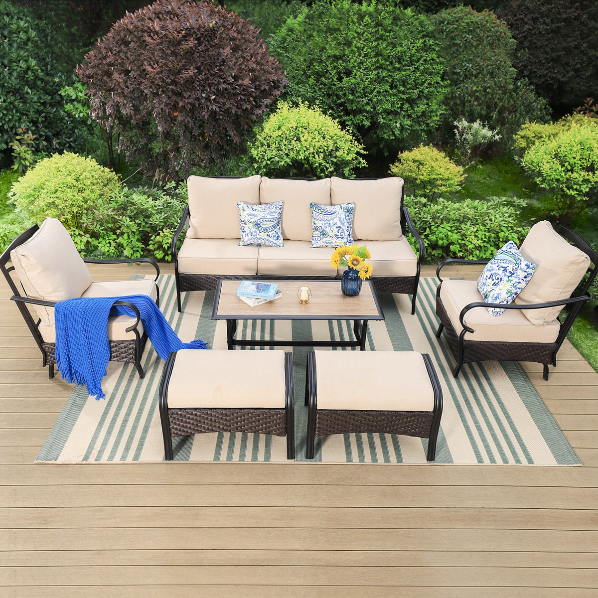 7-Seat Patio Conversation Set with 3-Seat Sofa, Rocking Chairs, Ottomans & Table, Black & Beige D81731