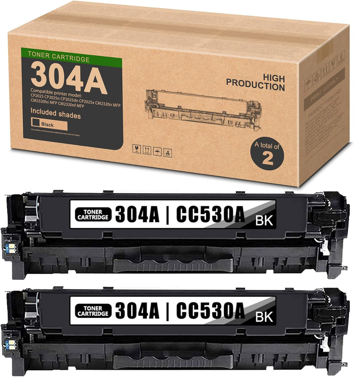 2-Black 304A CC530A Toner Cartridge Replacement for HP CM2320n CM2320fxi CM2320nf CP2025 CP2025n CP2025dn CP2025x Printer O301