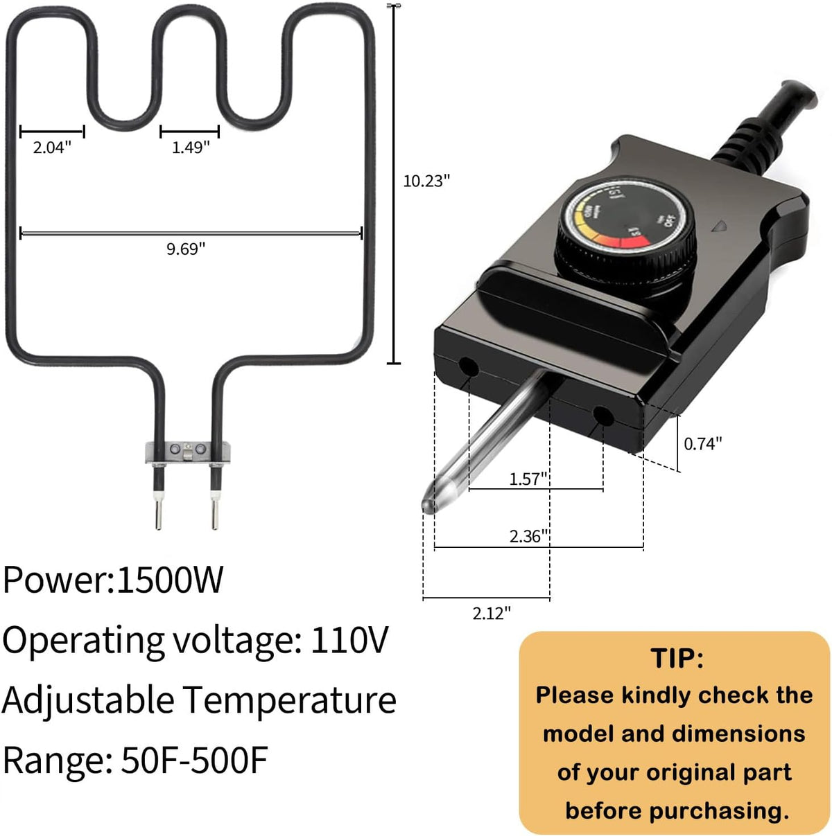 1500 Watt Heating Element with Adjustable Thermostat Cord Controller W271