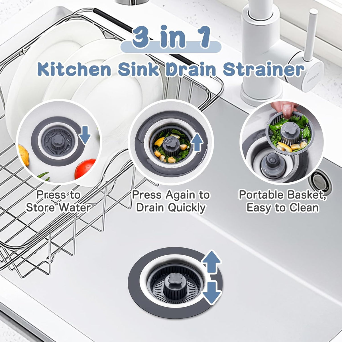 3 in 1 304 Stainless Steel Kitchen Sink Drain Strainer and Stopper Combo with 2 Filter Baskets Z542
