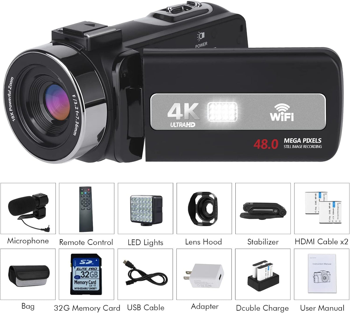 4K 48MP 18X Digital Zoom Touch Screen Camcorder with External Microphone B51847