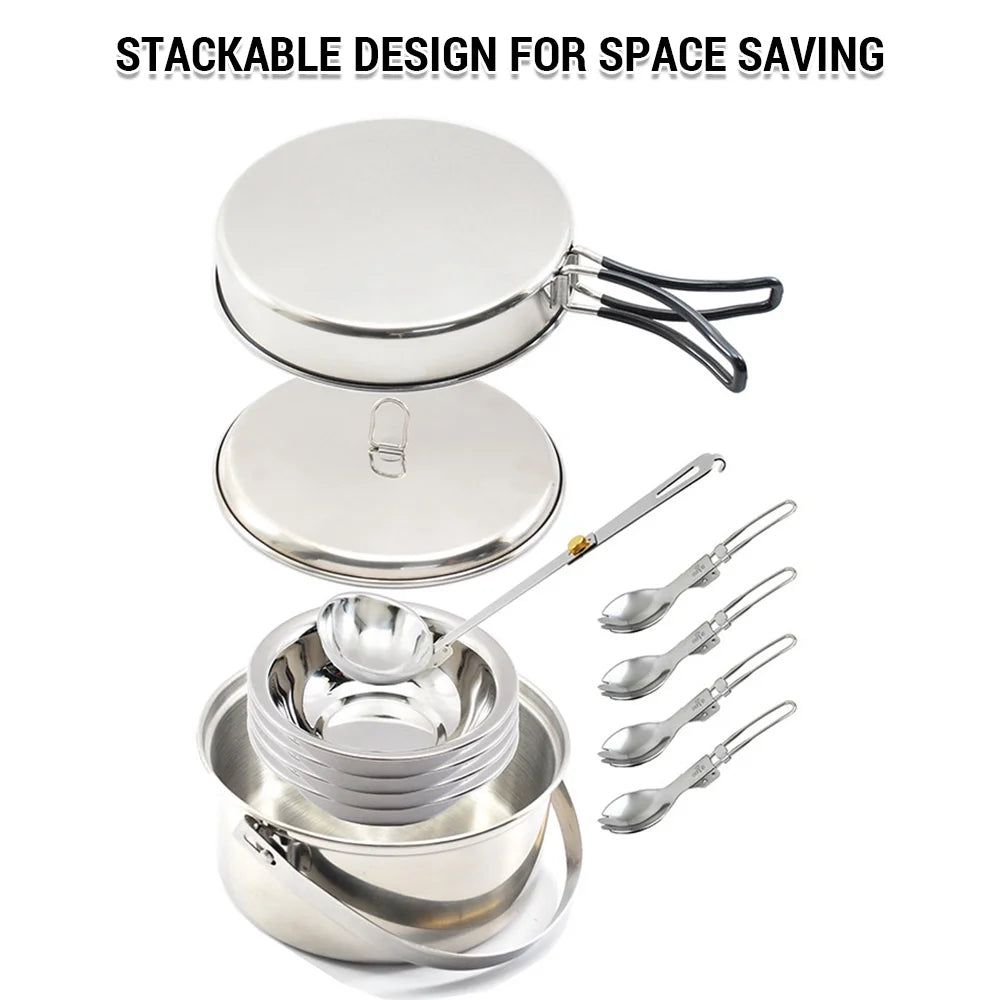 Stainless Steel Camping Cookware Set for 4 with Pot, Pan, Bowls, Folding Sporks I607