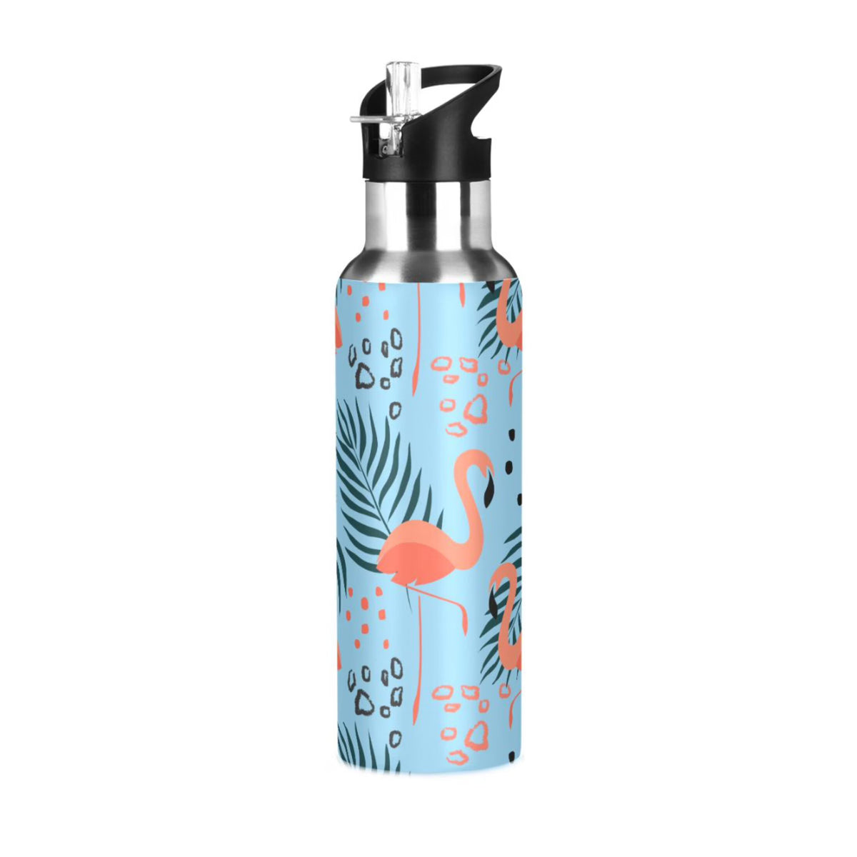 Tropical Leaves Flamingo Insulated Stainless Steel Water Bottle with Straw Lid 20 oz V22899