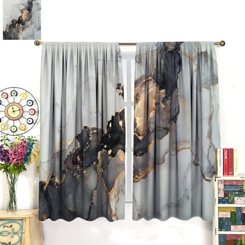 Navy Blue Gold Geometric Marble Curtains, 42x45 Inches Set 2 Panels A6204