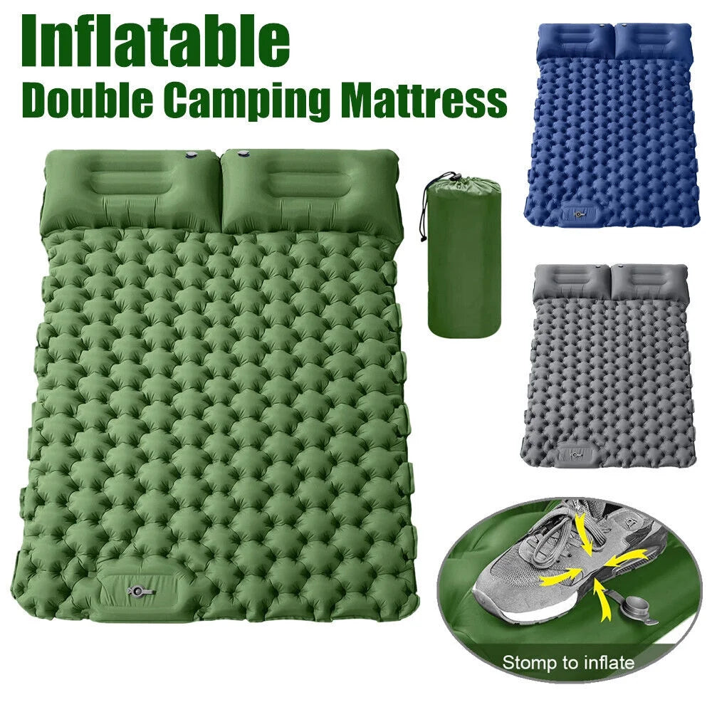 Double Camping Sleeping Pad with Air Pillow 2 Person Inflatable Mat R466