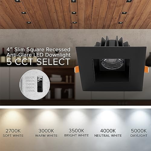 4 in. Ultra-Thin Recessed LED Downlight Canless IC Rated 1200 Lumens 5 Color Temperature Selectable Dimmable Square White Trim 90 CRI W559658