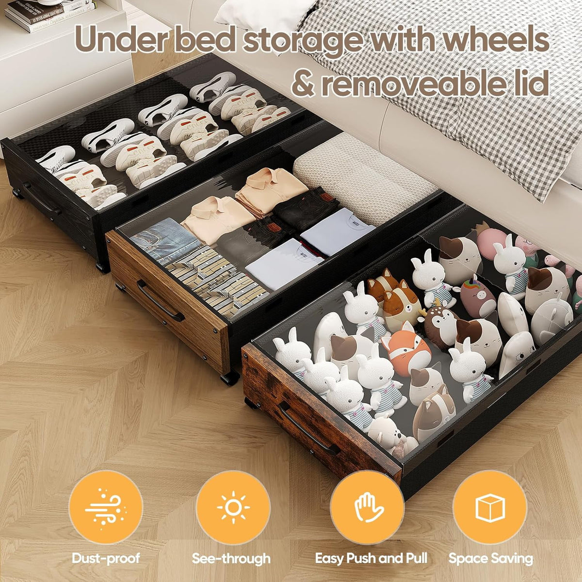Black Wood 2 Pack Under Bed Storage with Wheels and Removable Lid D105304
