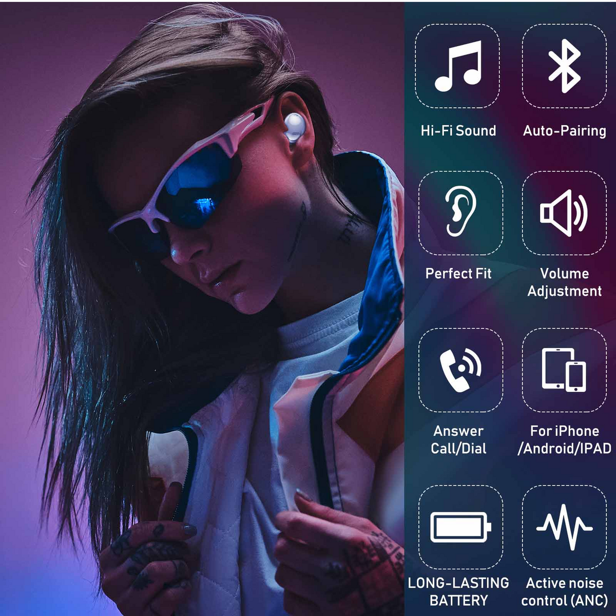 Purple True Wireless Earbuds with Active Noise Cancelling J761