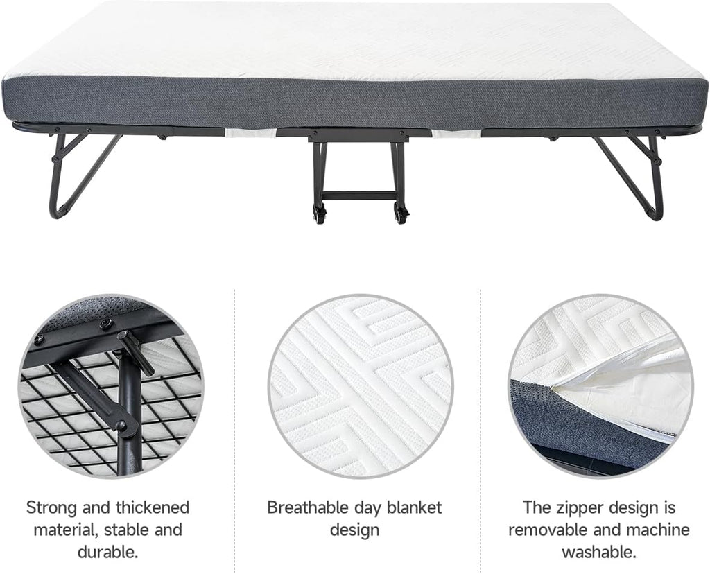 Folding Bed with 5.2" Thick Memory Foam Mattress, 79 * 35inch, Metal Folding Frame R997