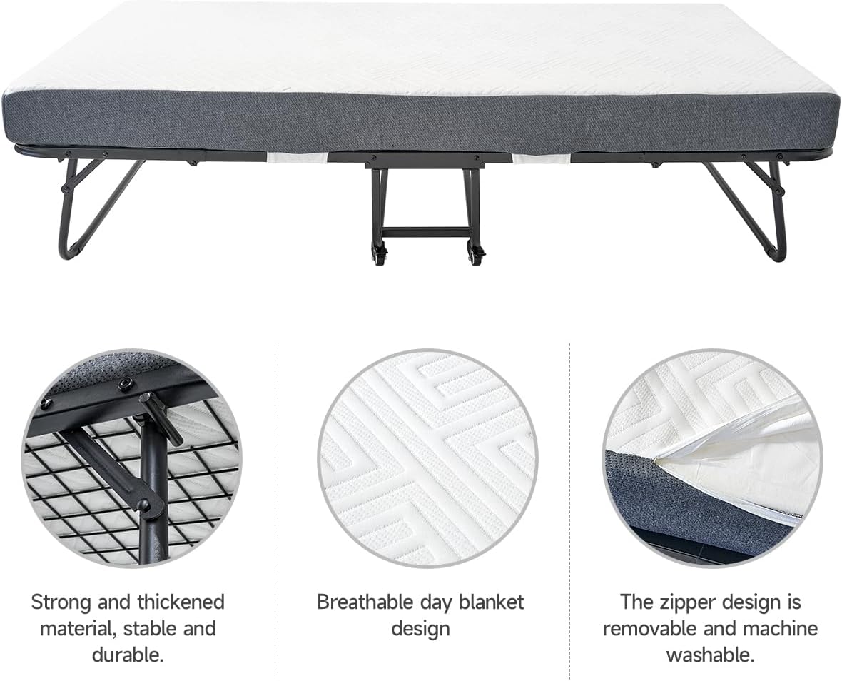 Folding Bed with 5.2" Thick Memory Foam Mattress, 79 * 35inch, Metal Folding Frame R997