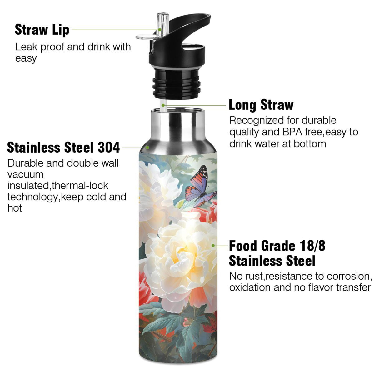 Stainless Steel Insulated Thermos Vacuum Flask Water Bottle with Straw Lid R921445
