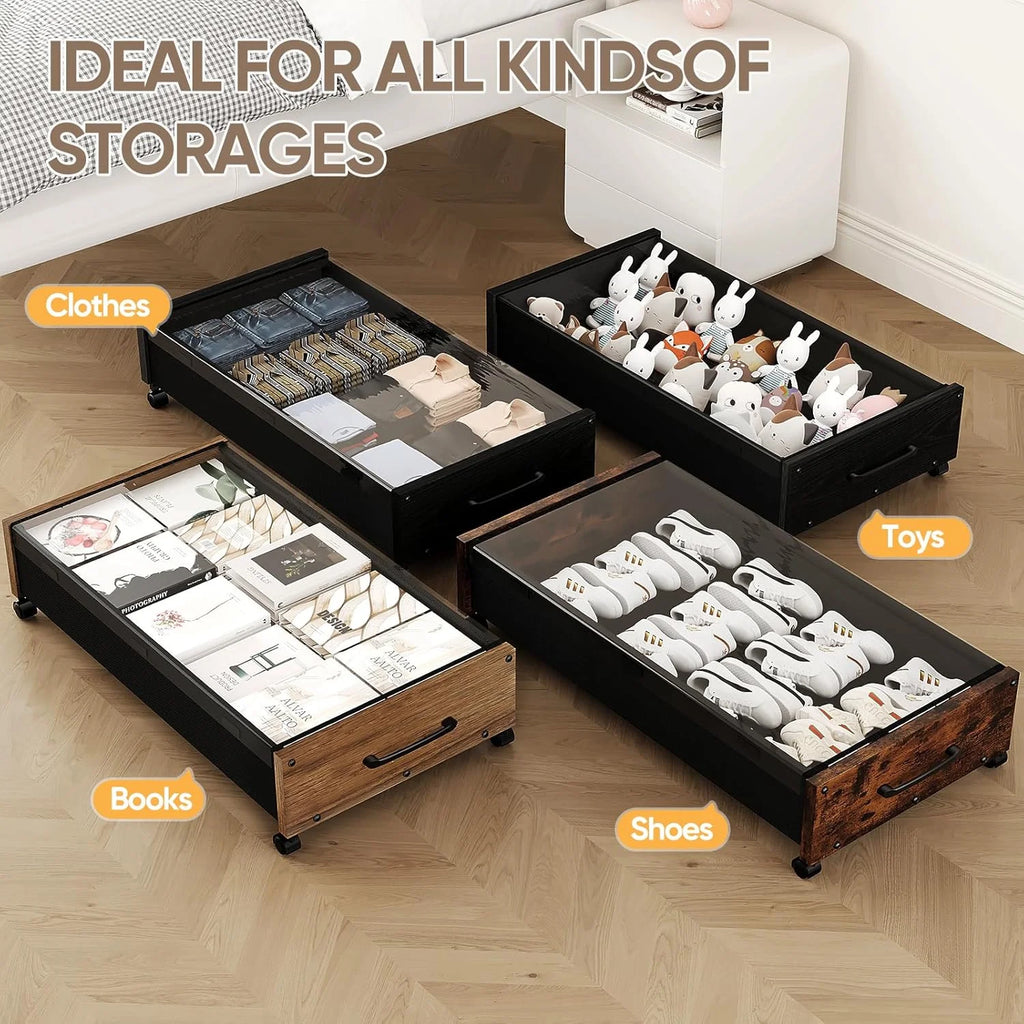 Black Wood 2 Pack Under Bed Storage with Wheels and Removable Lid D105304