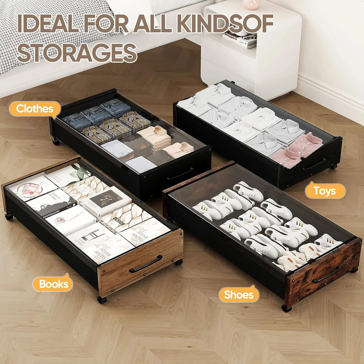 Black Wood 2 Pack Under Bed Storage with Wheels and Removable Lid D105304