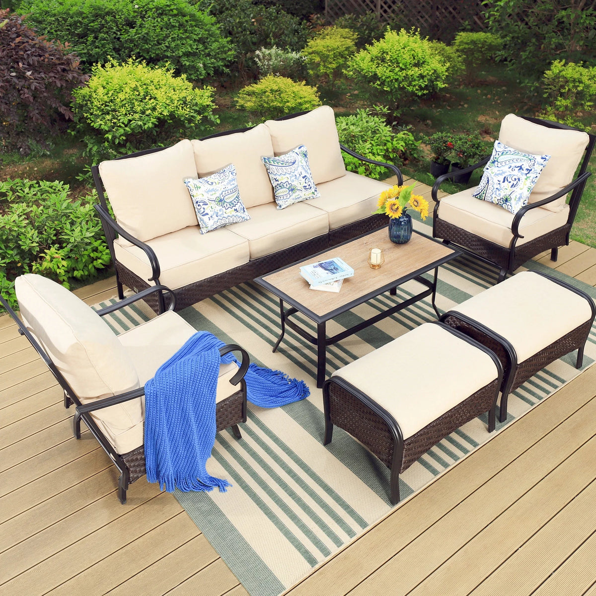 7-Seat Patio Conversation Set with 3-Seat Sofa, Rocking Chairs, Ottomans & Table, Black & Beige D81731