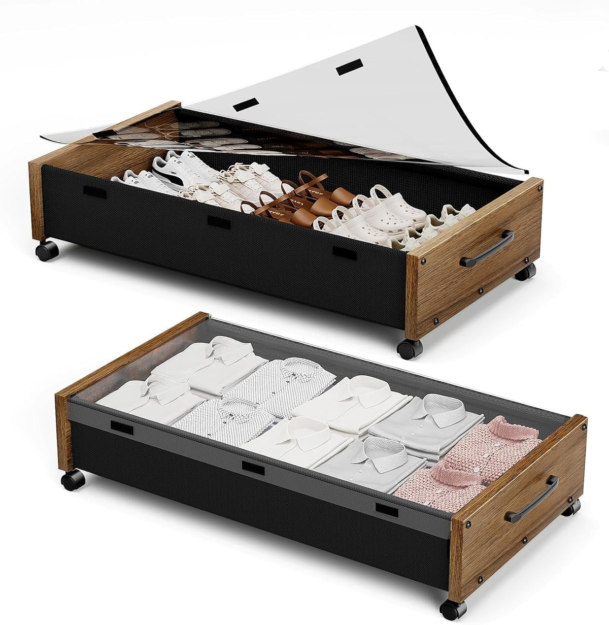 Black Wood 2 Pack Under Bed Storage with Wheels and Removable Lid D105304