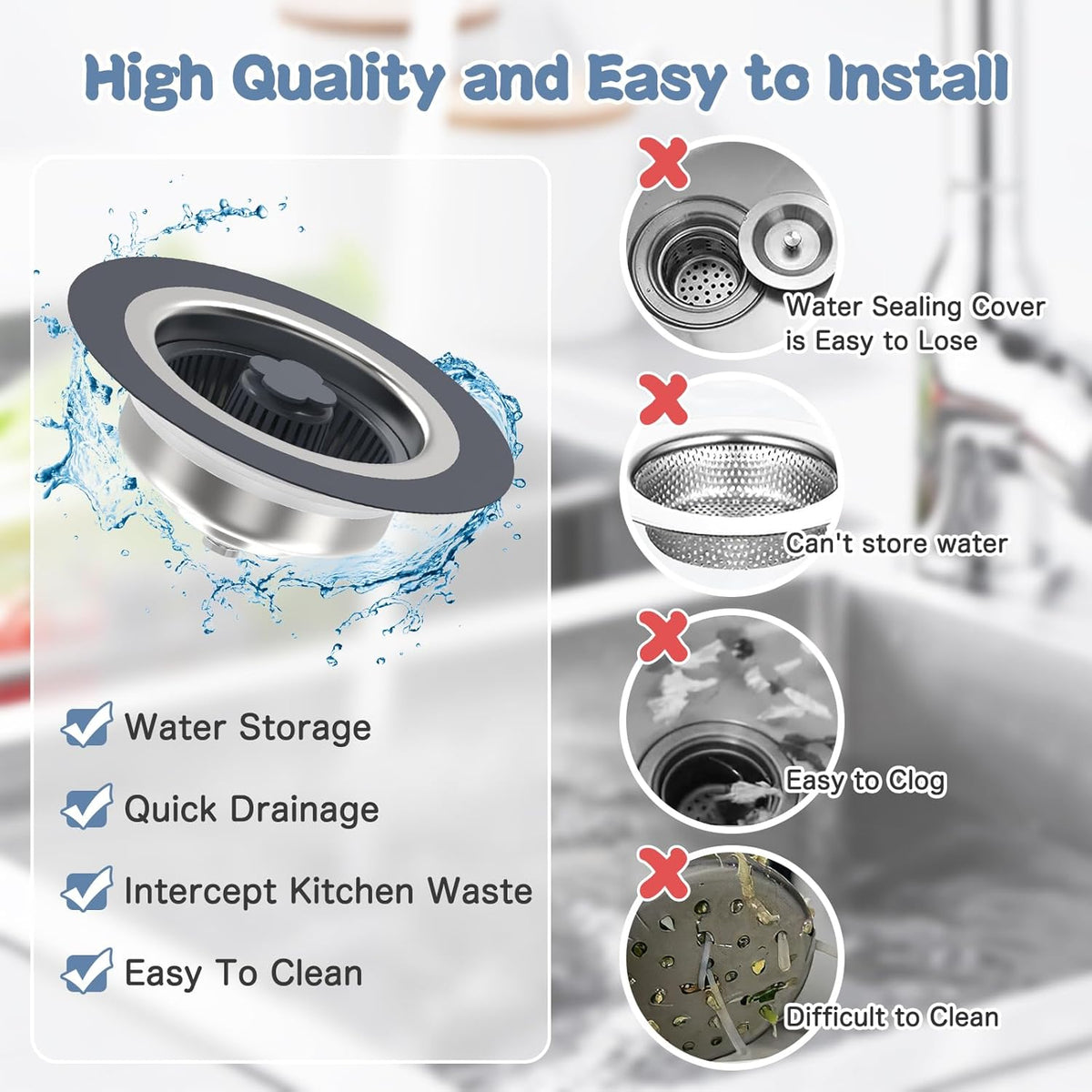 3 in 1 304 Stainless Steel Kitchen Sink Drain Strainer and Stopper Combo with 2 Filter Baskets Z542