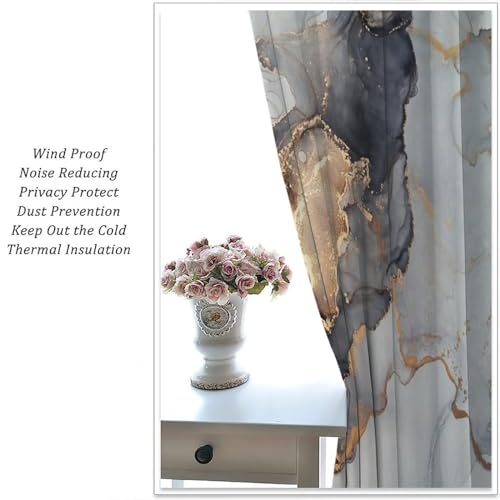 Navy Blue Gold Geometric Marble Curtains, 42x45 Inches Set 2 Panels A6204
