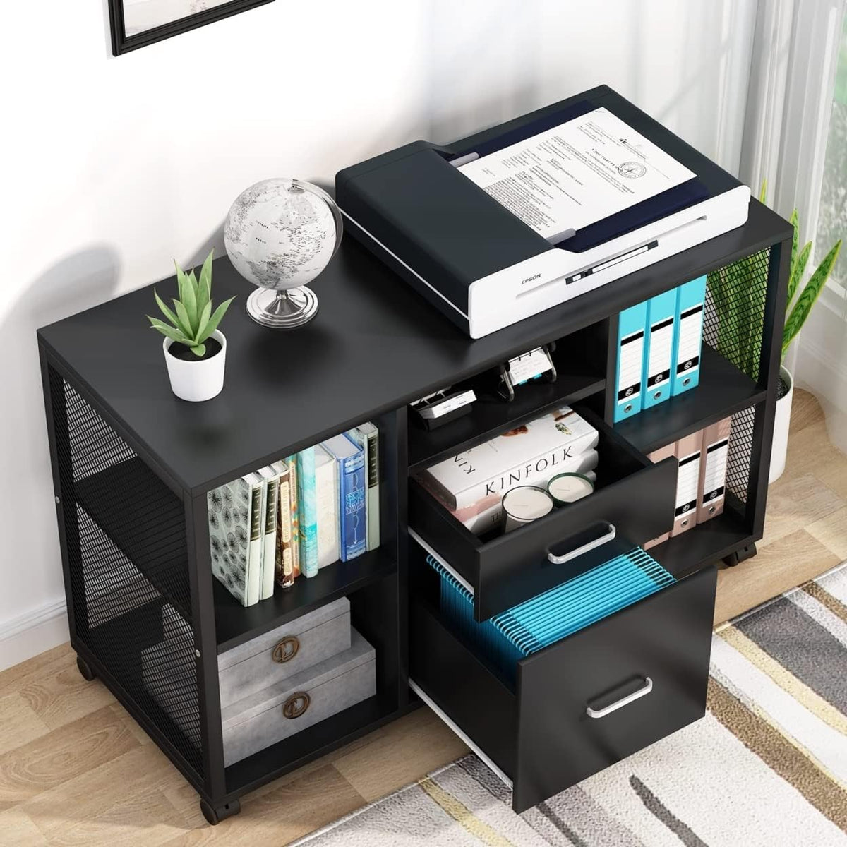 2 Drawer Wood File Cabinet with Open Storage Shelves G912772