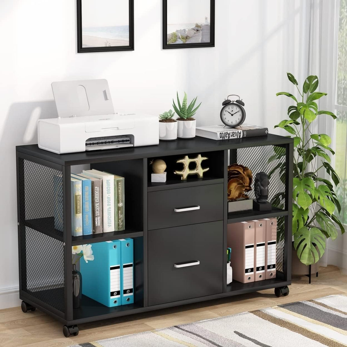 2 Drawer Wood File Cabinet with Open Storage Shelves G912772