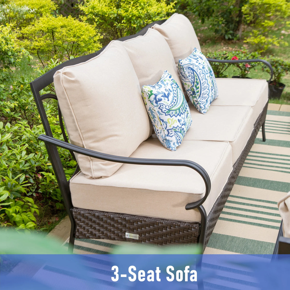 7-Seat Patio Conversation Set with 3-Seat Sofa, Rocking Chairs, Ottomans & Table, Black & Beige D81731