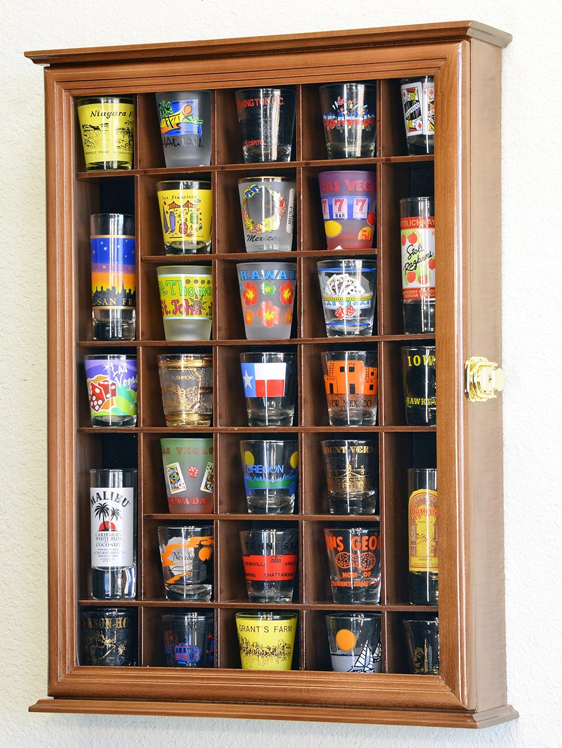 Walnut Shot Glass Display Case Cabinet Wall Rack E269029