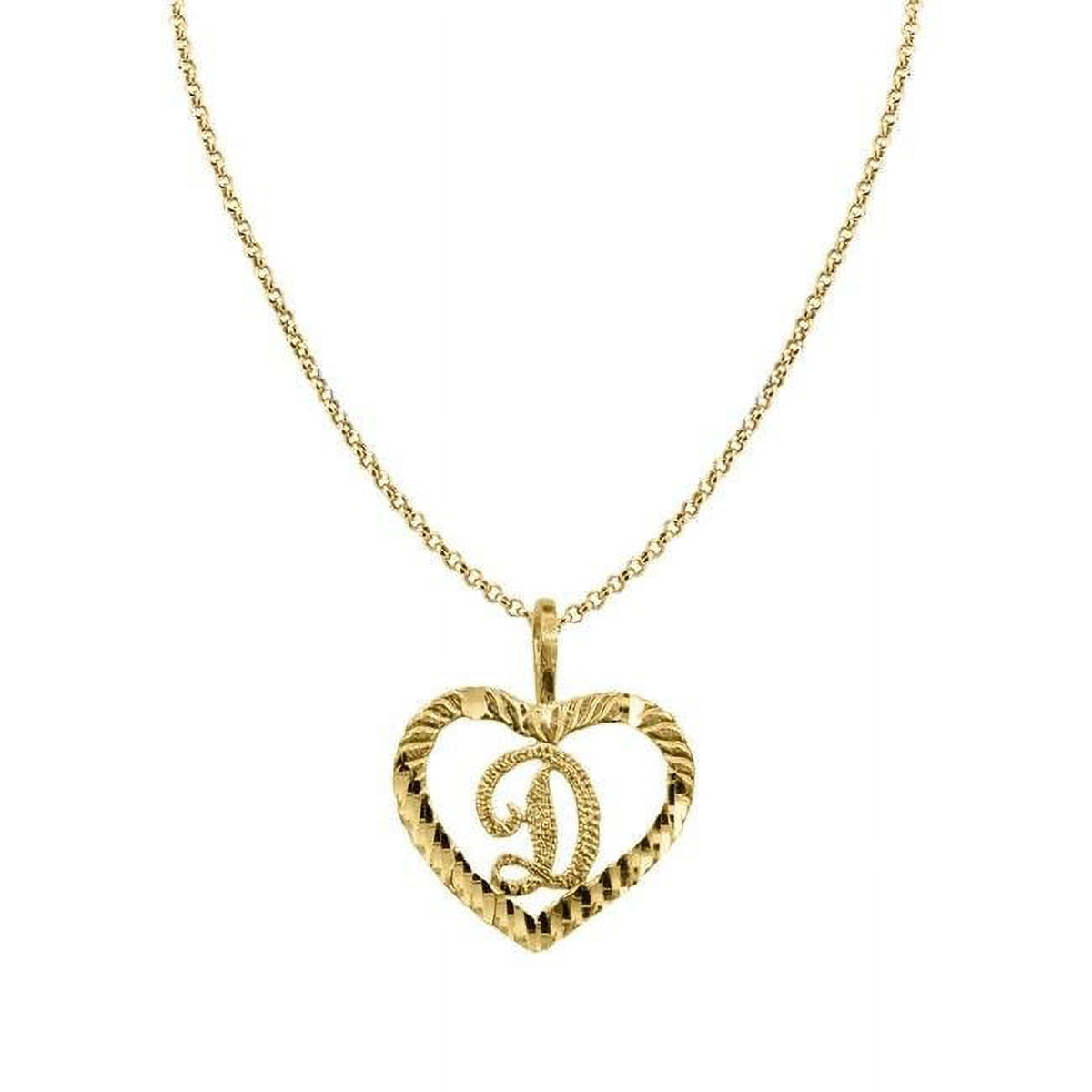 14K Yellow Gold Diamond-Cut Heart-Shaped Initial Letter D Pendant with Rolo Chain G858