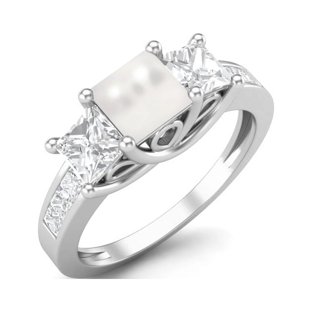 2.62 Cts Square Cut Halo Three Stone Pearl Gemstone 925 Sterling Silver Ring D338930