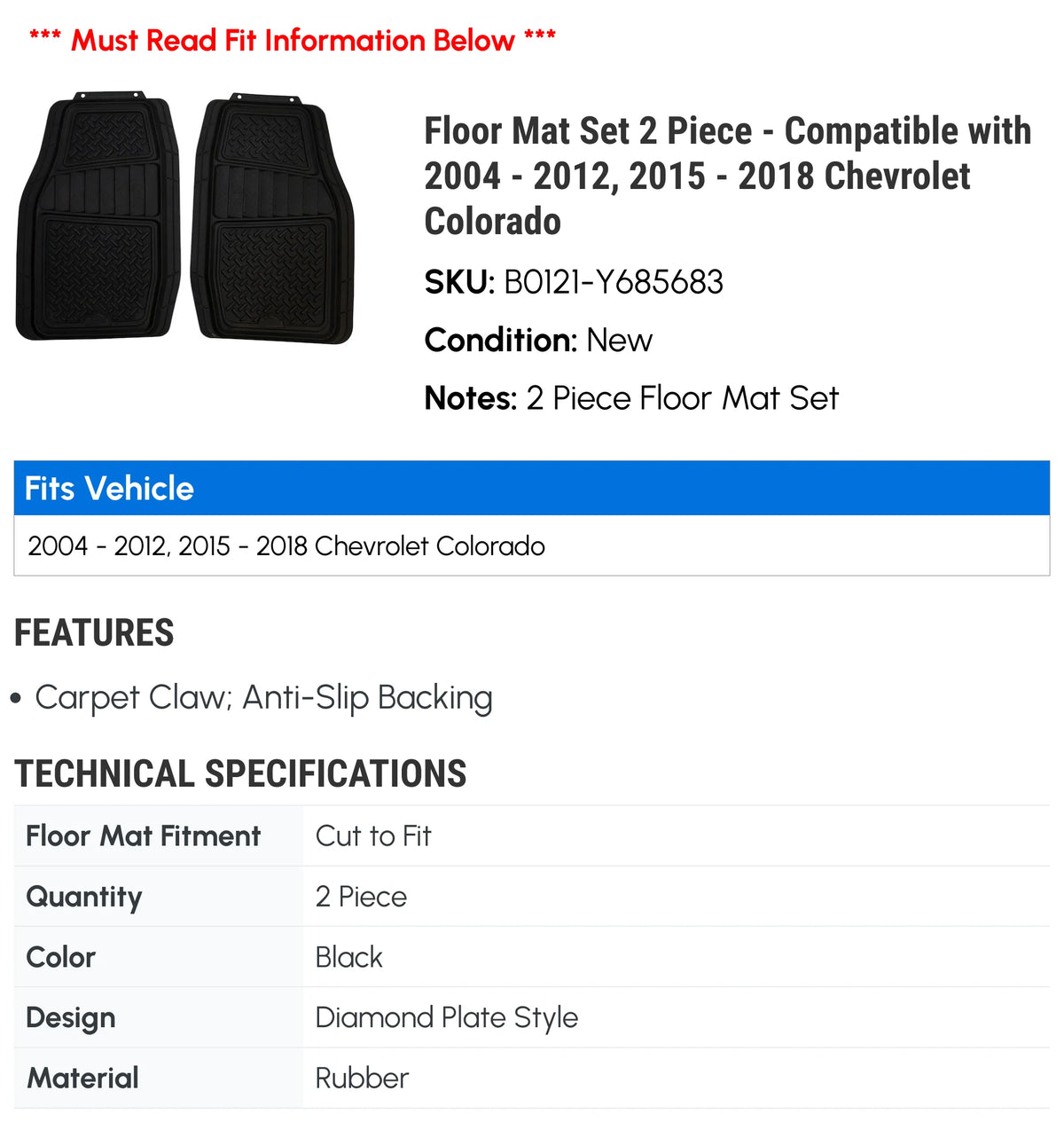 Floor Mat Set 2 Piece for Chevy Colorado A31148