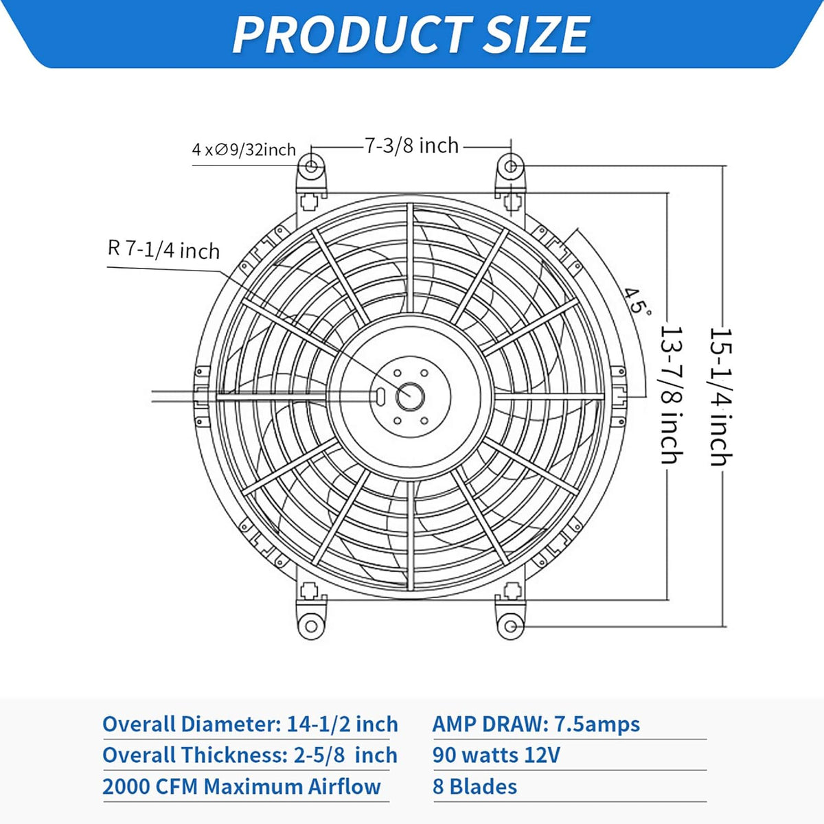 Reversible 14 Inch Engine Radiator Cooling Fan with Mounting Kit 2000 CFM 12 Volts 90 Watts Pack of 2 B231951