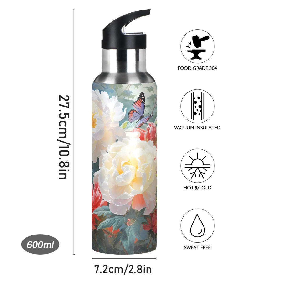 Stainless Steel Insulated Thermos Vacuum Flask Water Bottle with Straw Lid R921445
