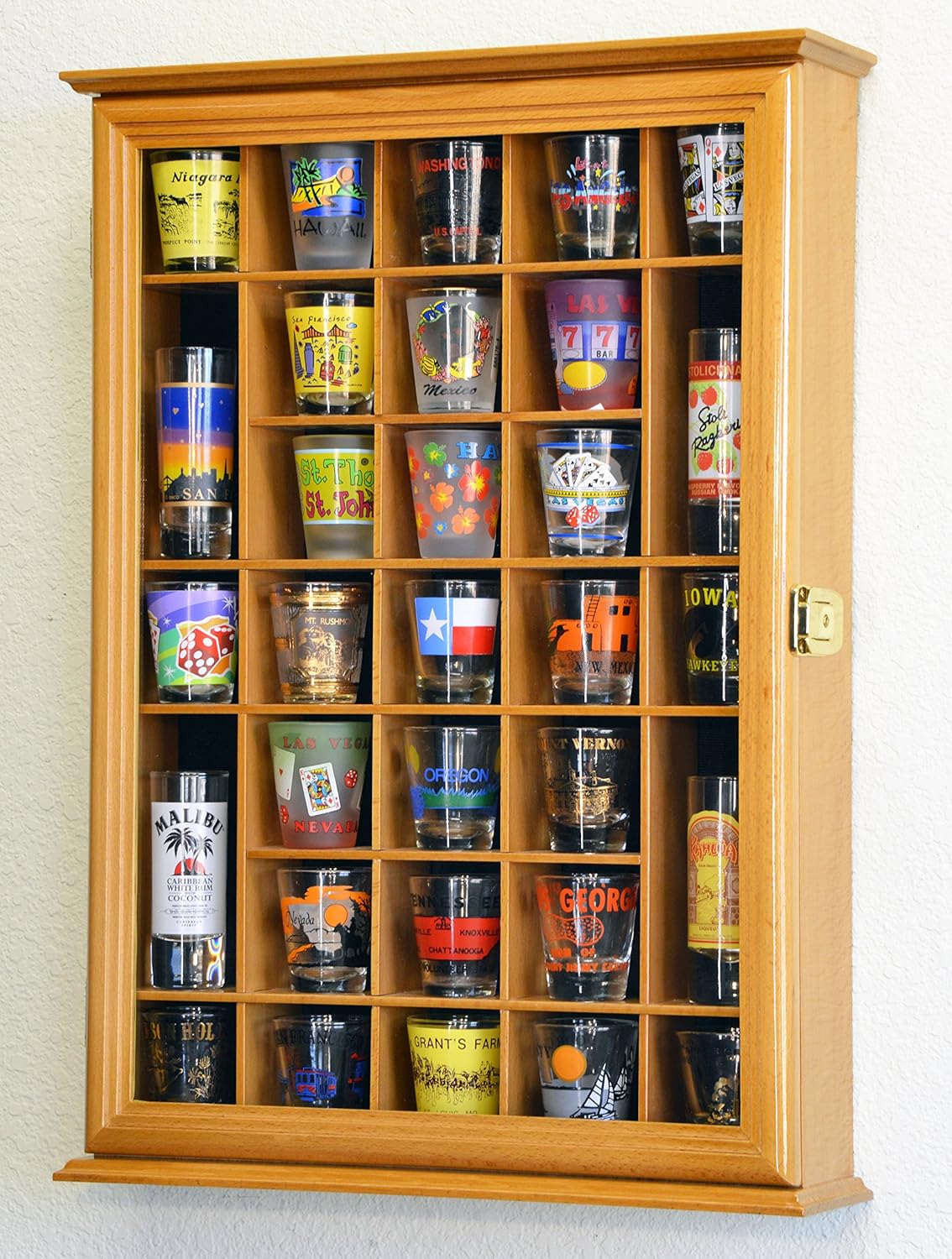 Walnut Shot Glass Display Case Cabinet Wall Rack E269029