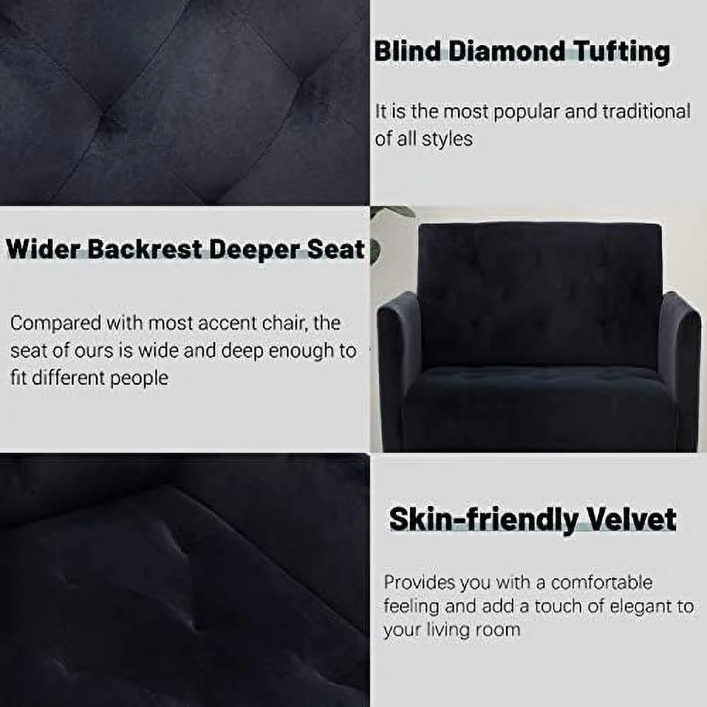 Black Velvet Tufted Accent Chair with Metal Legs O980441